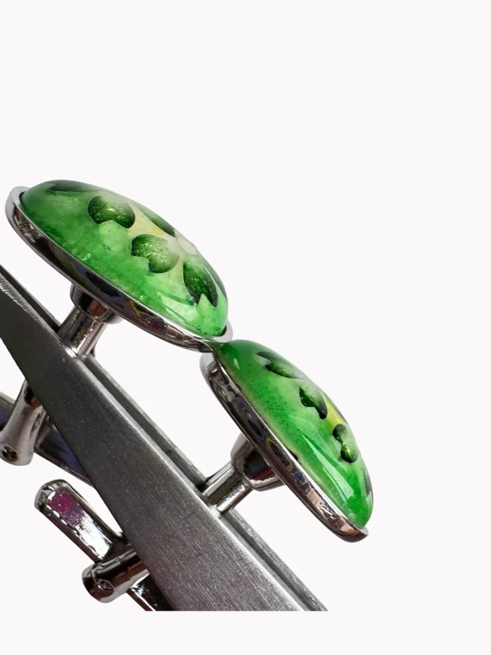 Vintage Cloisonne Enamel Cufflinks Green Floral Oval Silver Tone Mens Accessory